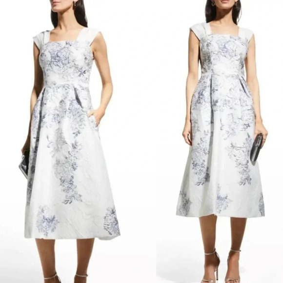 Teri Jon Dress Fit & Flare White Blue Floral Jacquard Cocktail 229240 Wedding - Picture 2 of 16